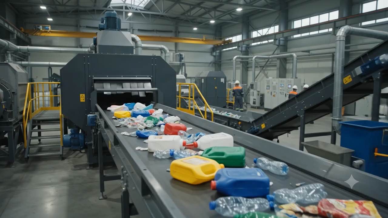 Interior of a plastic recycling facility with sorting conveyors