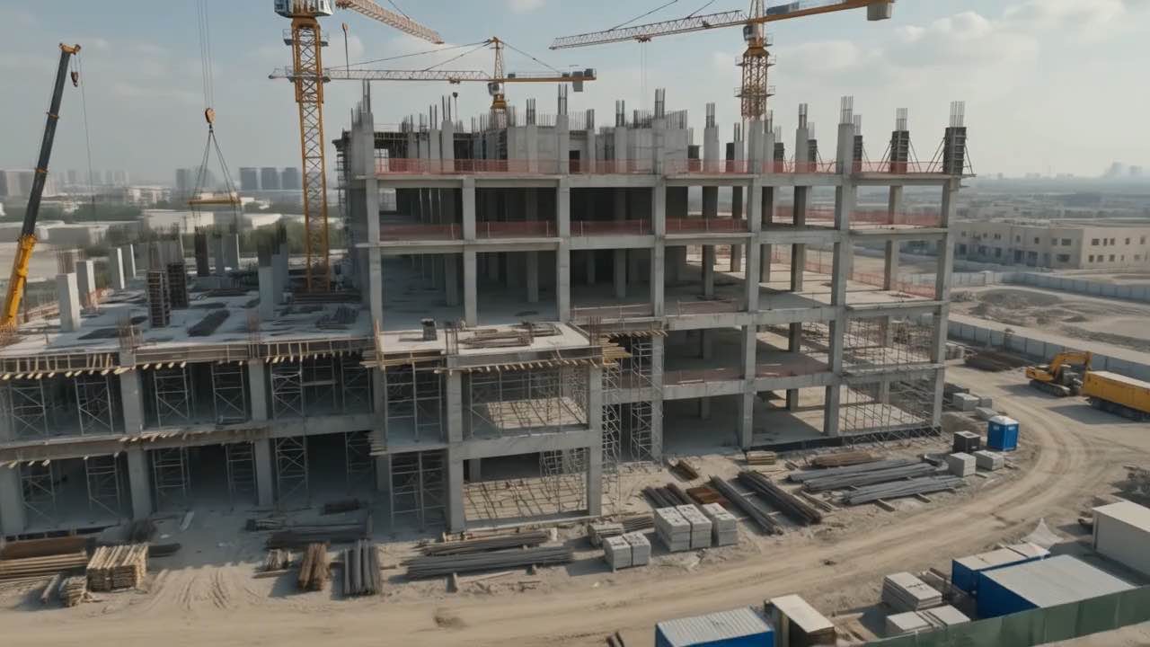 Aerial view of a multi-storey building under construction with tower cranes