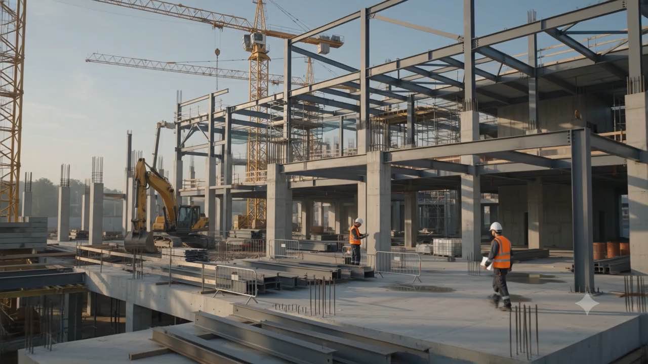 Structural steel and concrete frame on an active construction site