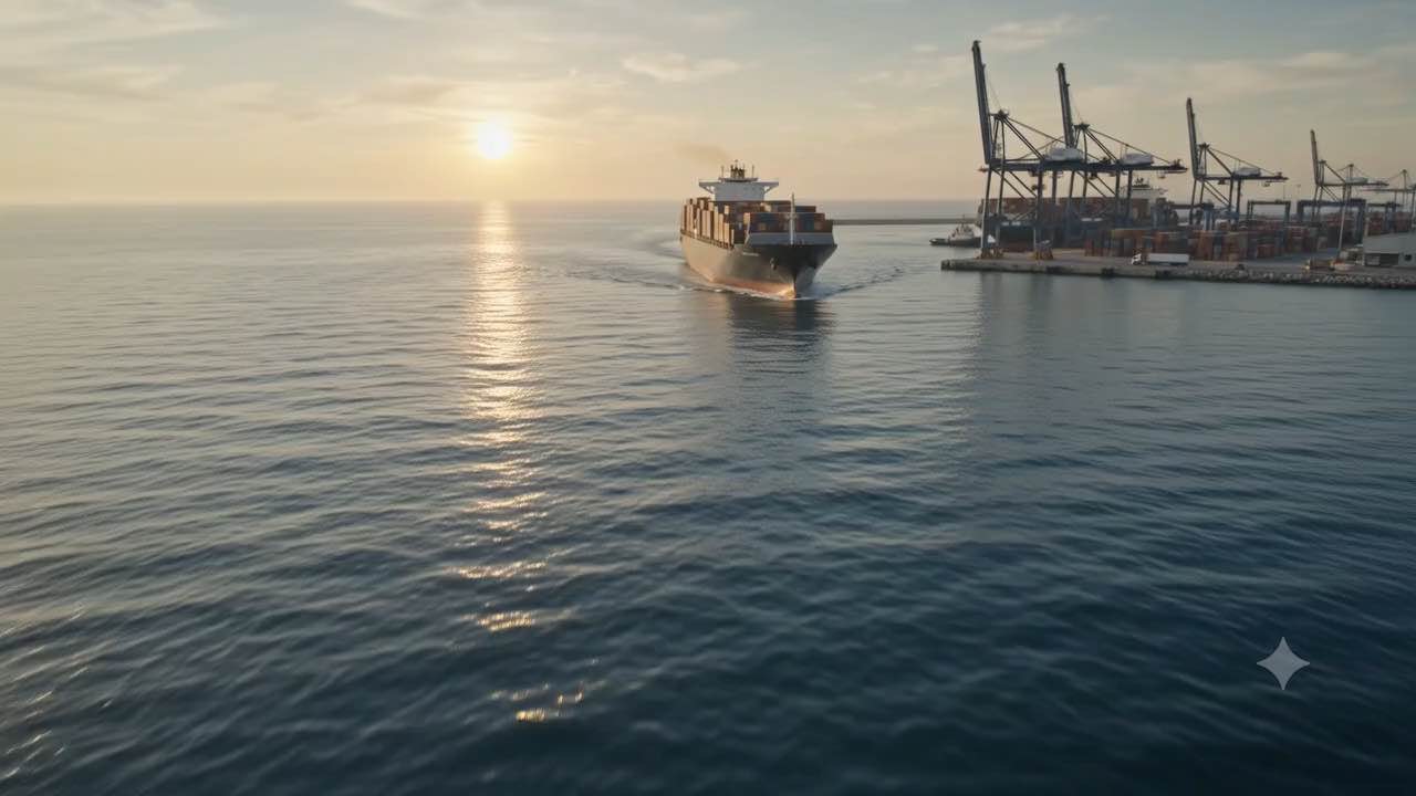 Container ship arriving at a port at sunset with gantry cranes